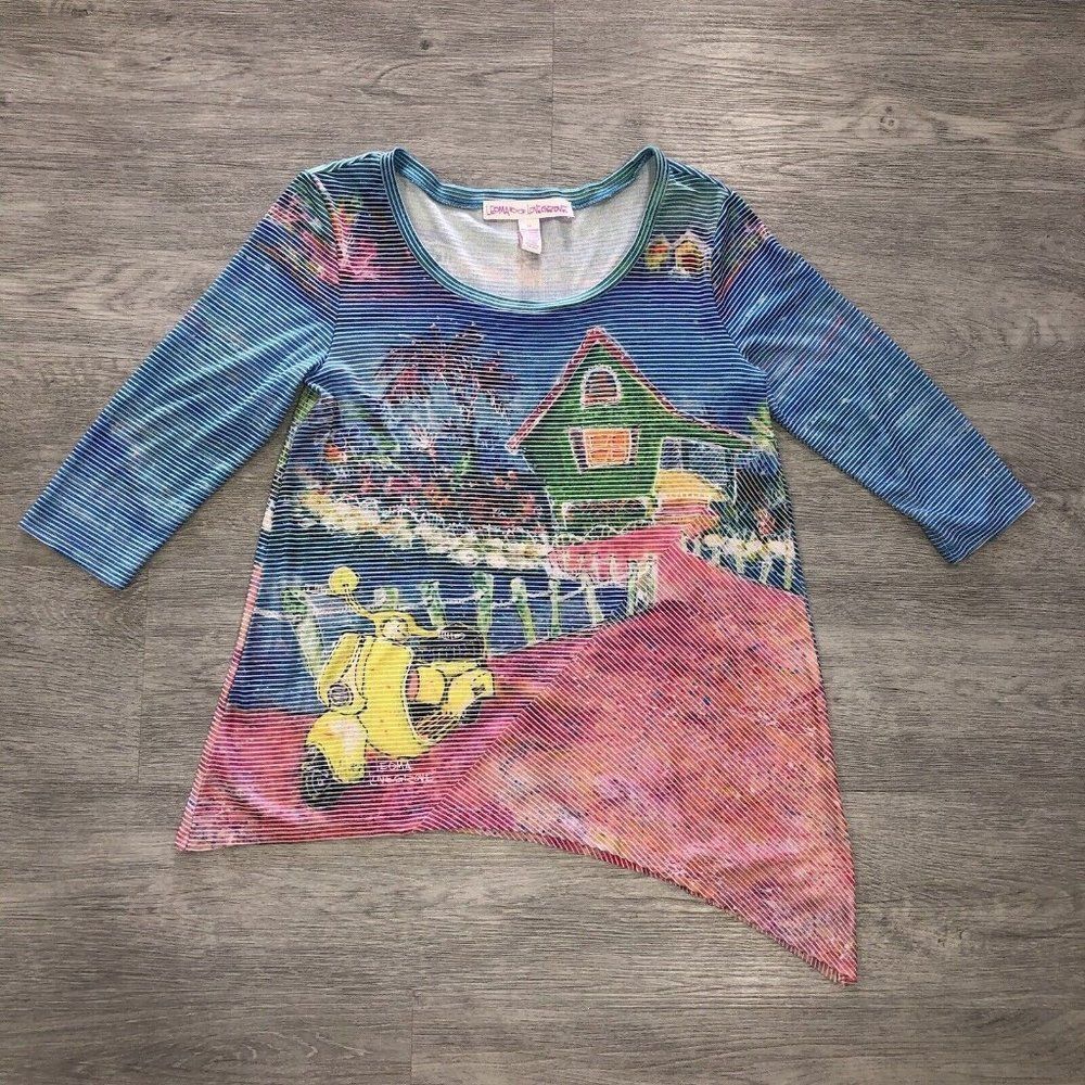 Leoma Lovegrove Women’s Size XS Colorful Asymmetrical Bike Art Top 3/4 Sleeve